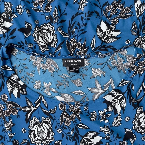 LIZ CLAIBORNE Blue Floral Tunic Top Women's Plus 3X Scoopneck 3/4 Sleeve Blouse - Picture 4 of 4